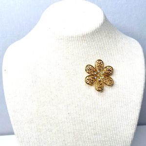Trifari Brooch Gold Tone Open Work Clear Rhinestone Flower